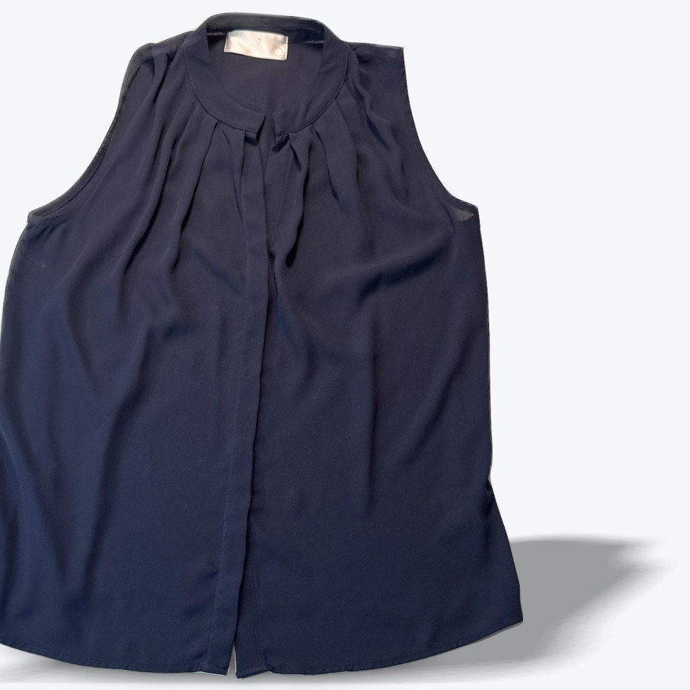 IO Sleeveless Blouse Womens Small Navy Blue Pleated Neck Top USA